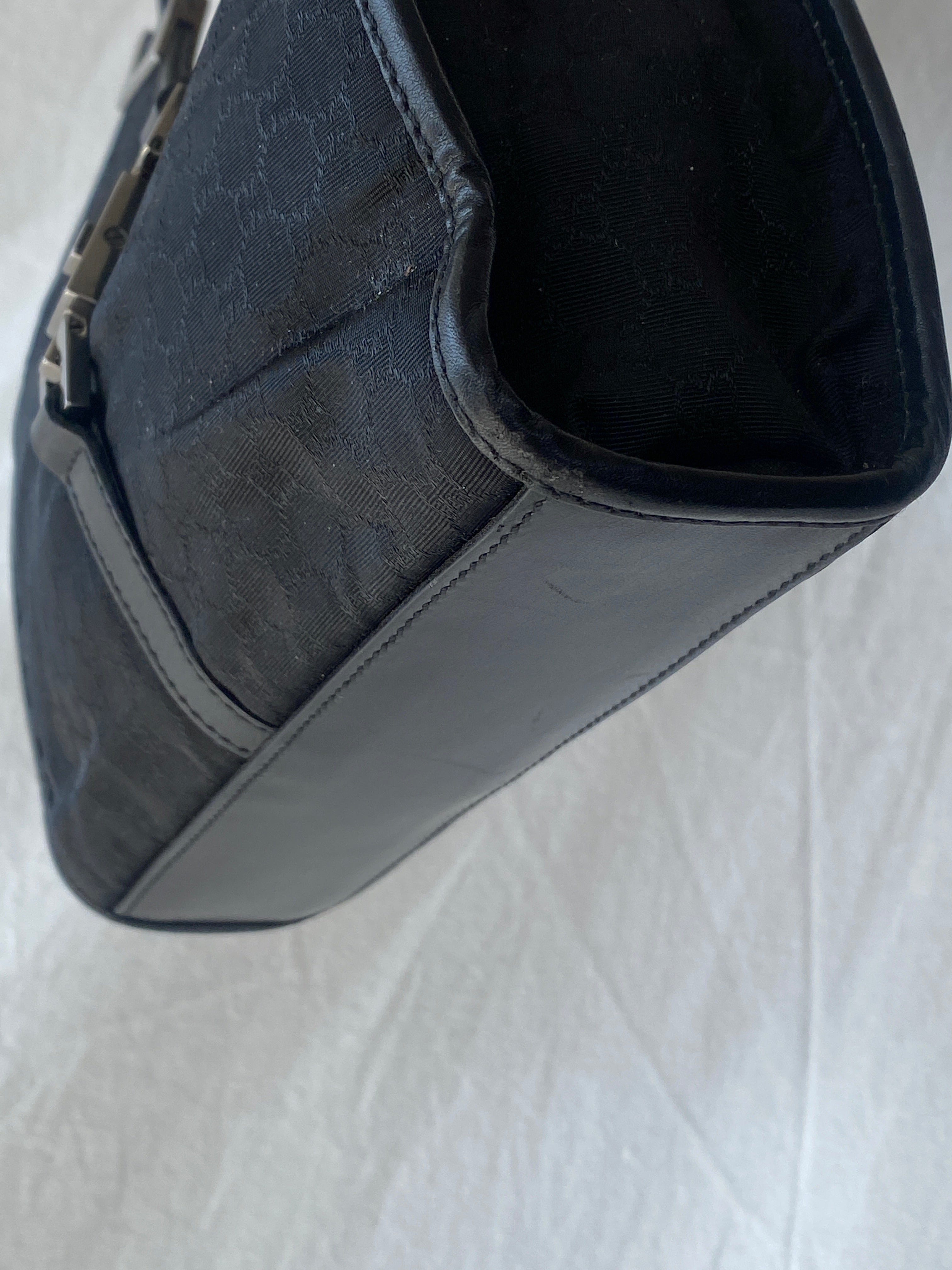 Vintage 00s Gucci Jackie Bardot Black Leather Monogram GG Canvas Mini Handbag