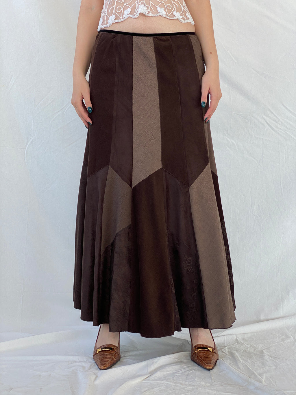 Y2K Per Una Patchwork Brown Cord Velvet Maxi Skirt - L