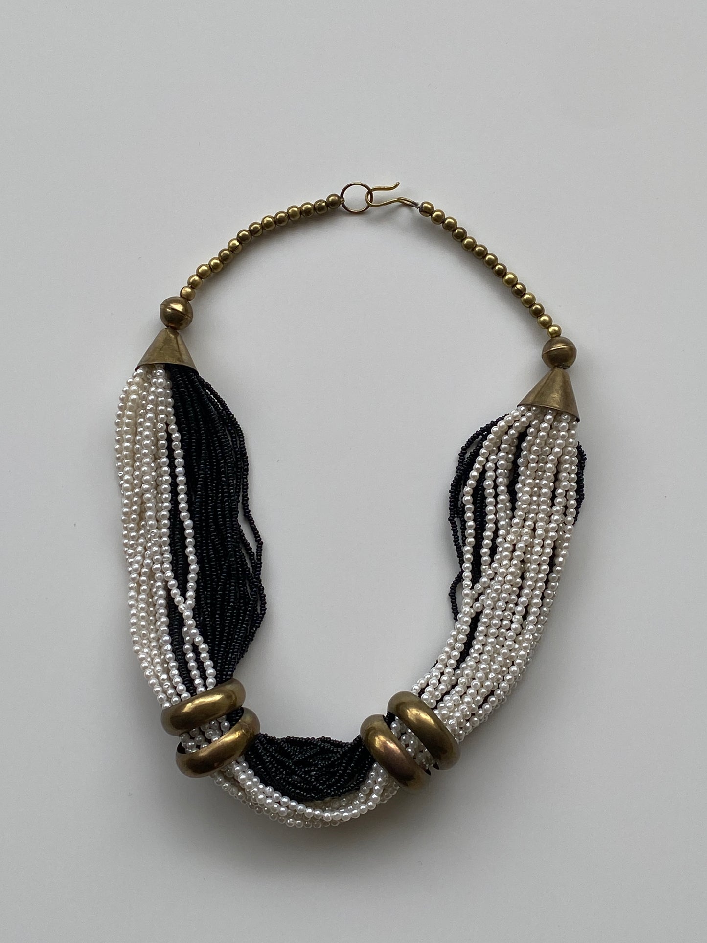 Vintage 90s Black & White Multi-Strand Faux Pearl Torsade Necklace with Brass Hardware