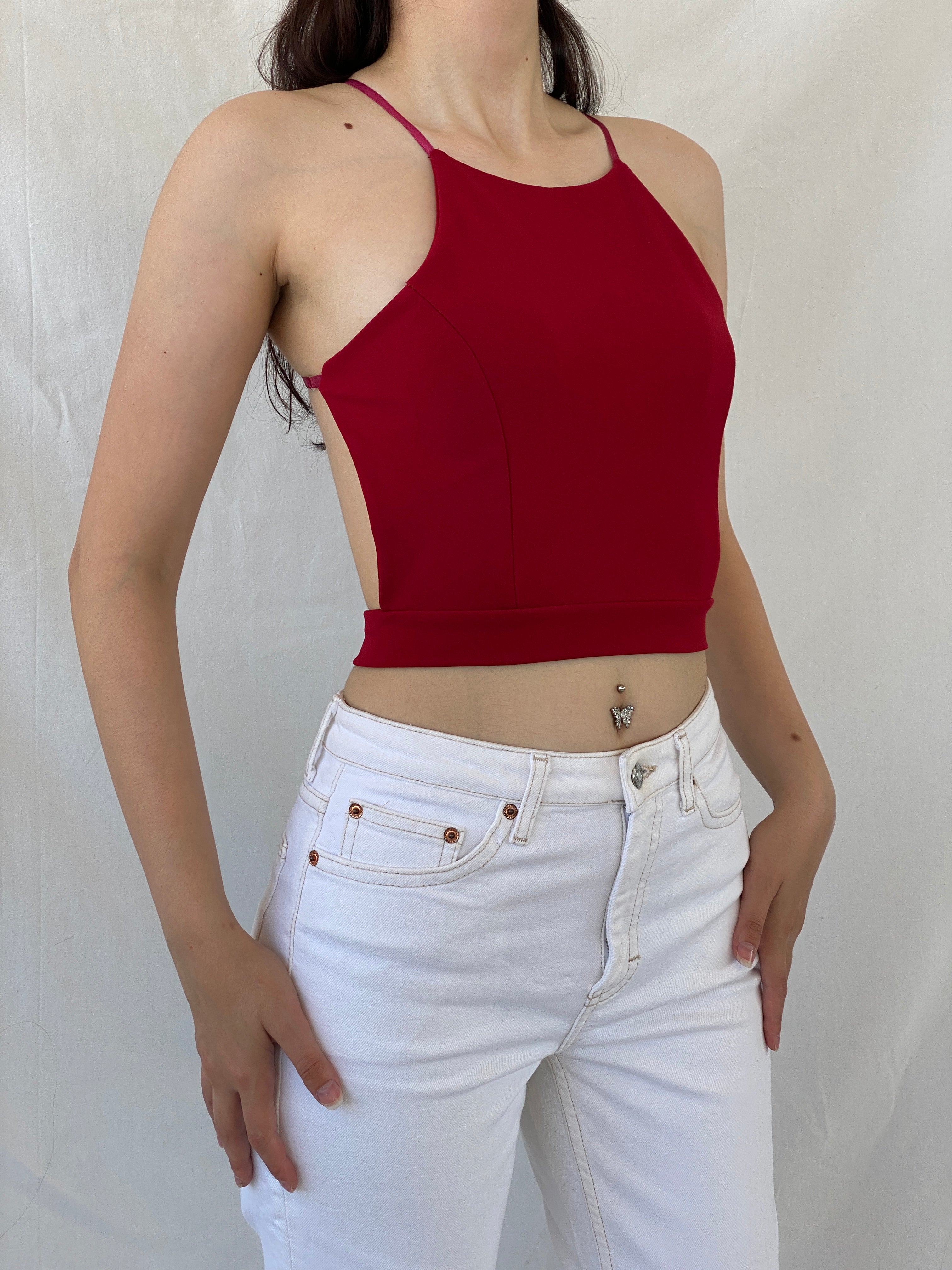 Vintage Red Italian Halter Backless Crop Top with Padded Bust - S