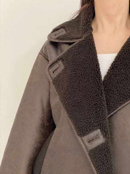 Chocolate Brown Faux Leather Shearling Aviator Jacket - L