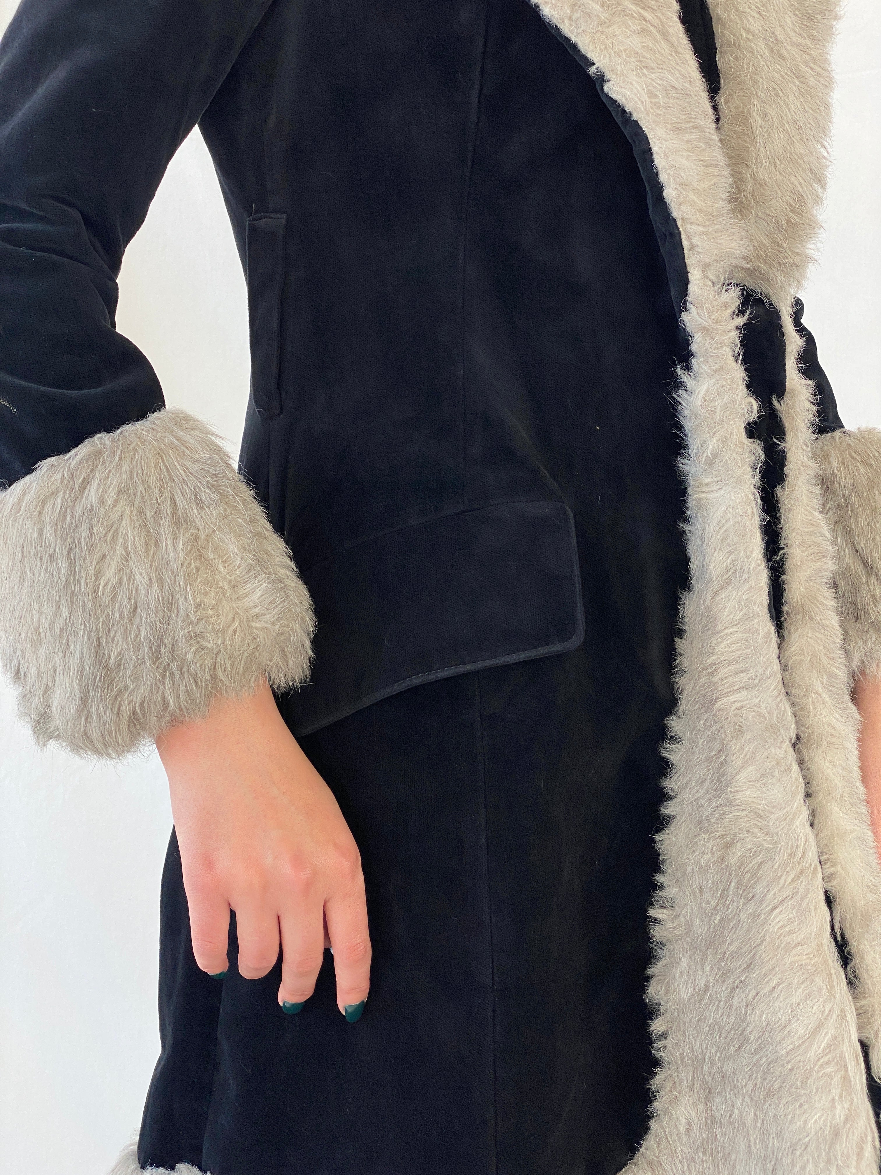 Vintage 90s Wild Rose Penny Lane Black Faux Grey Fur Afghan Style Coat - M