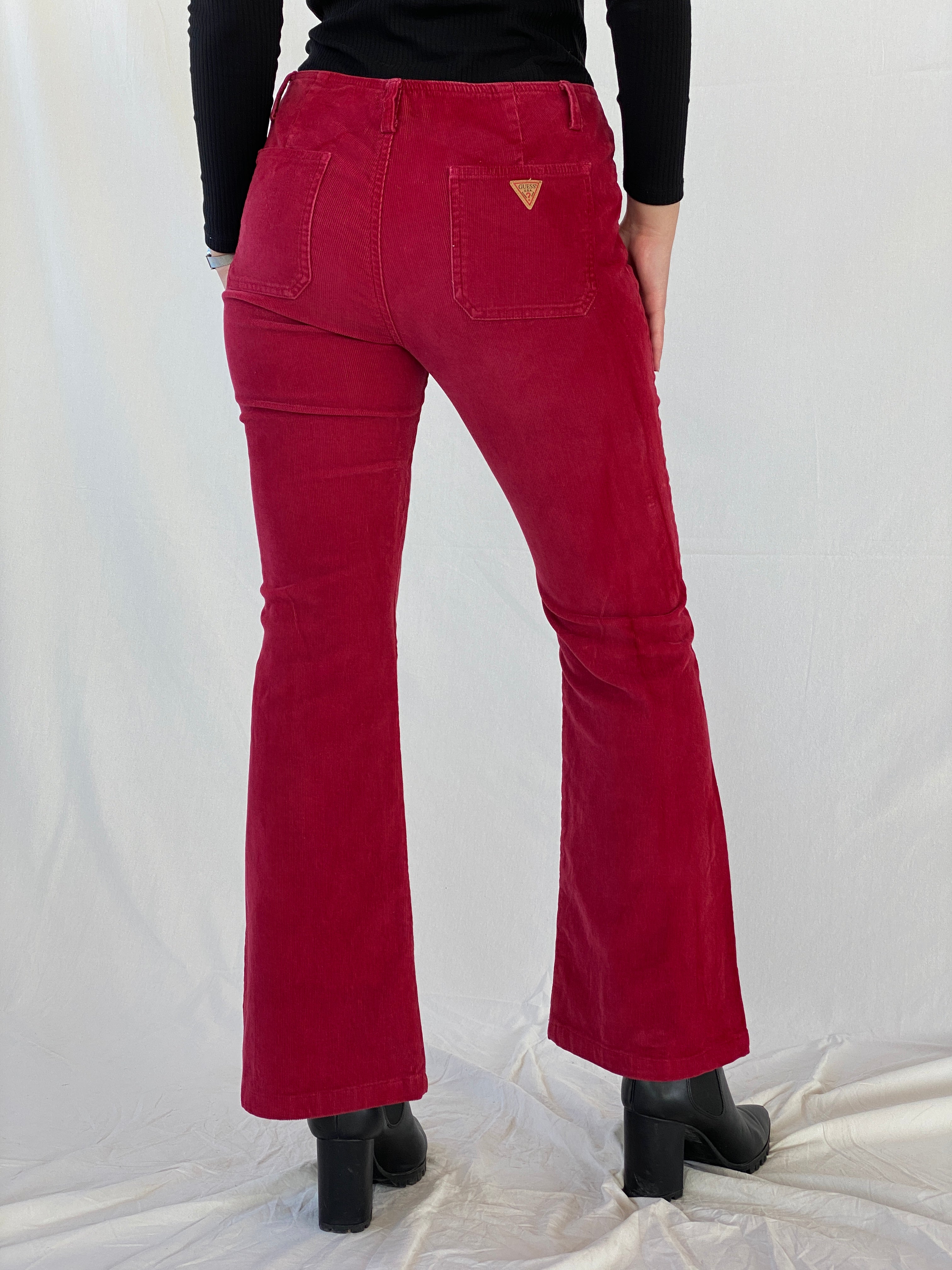 Vintage 90s Guess Jeans Stretch Maroon Flare Mid Rise Corduroy Pants - 38EUR
