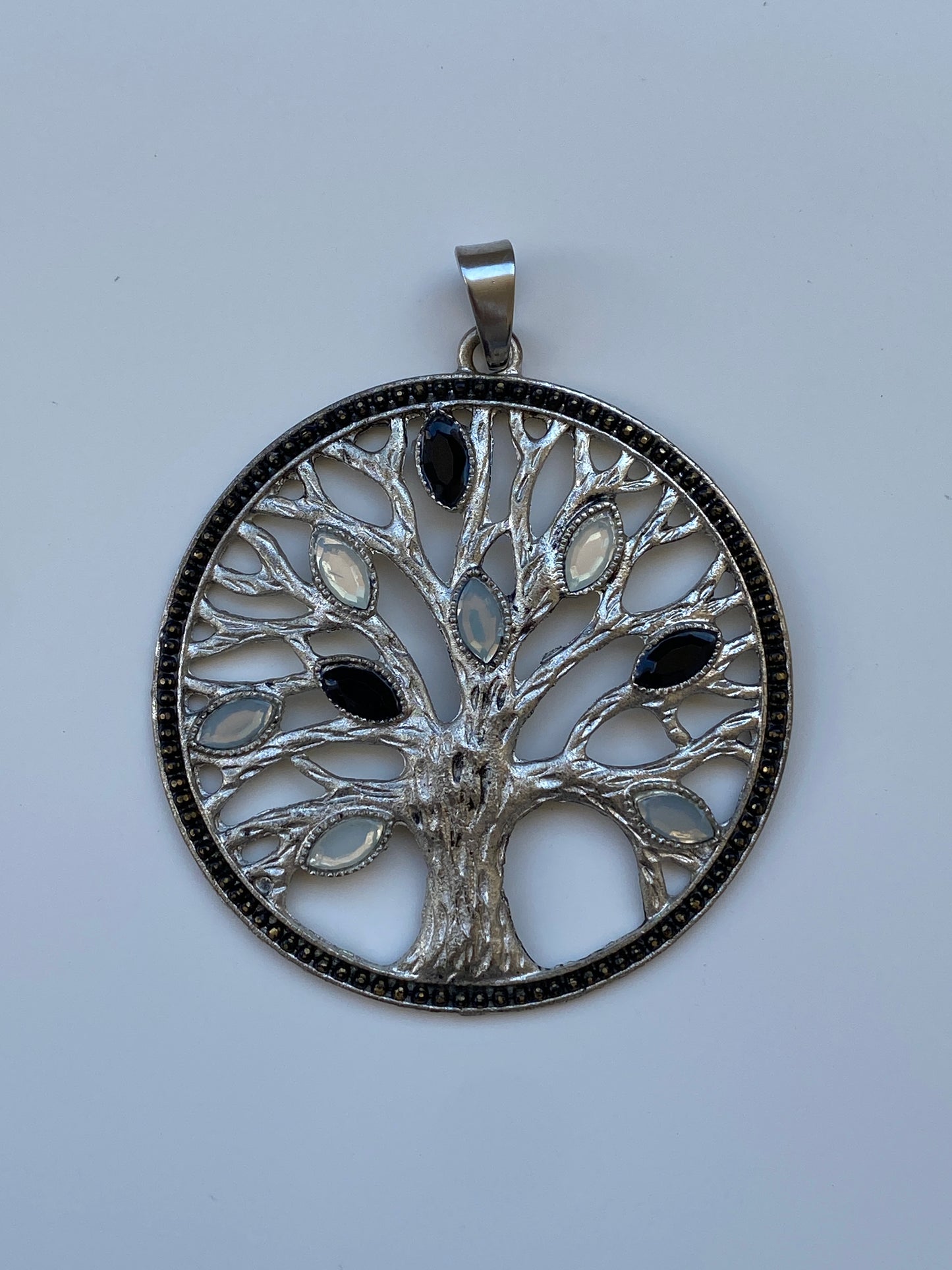 Vintage Silver Tone Tree of Life Pendant with Black & White Stones – Statement Necklace Charm