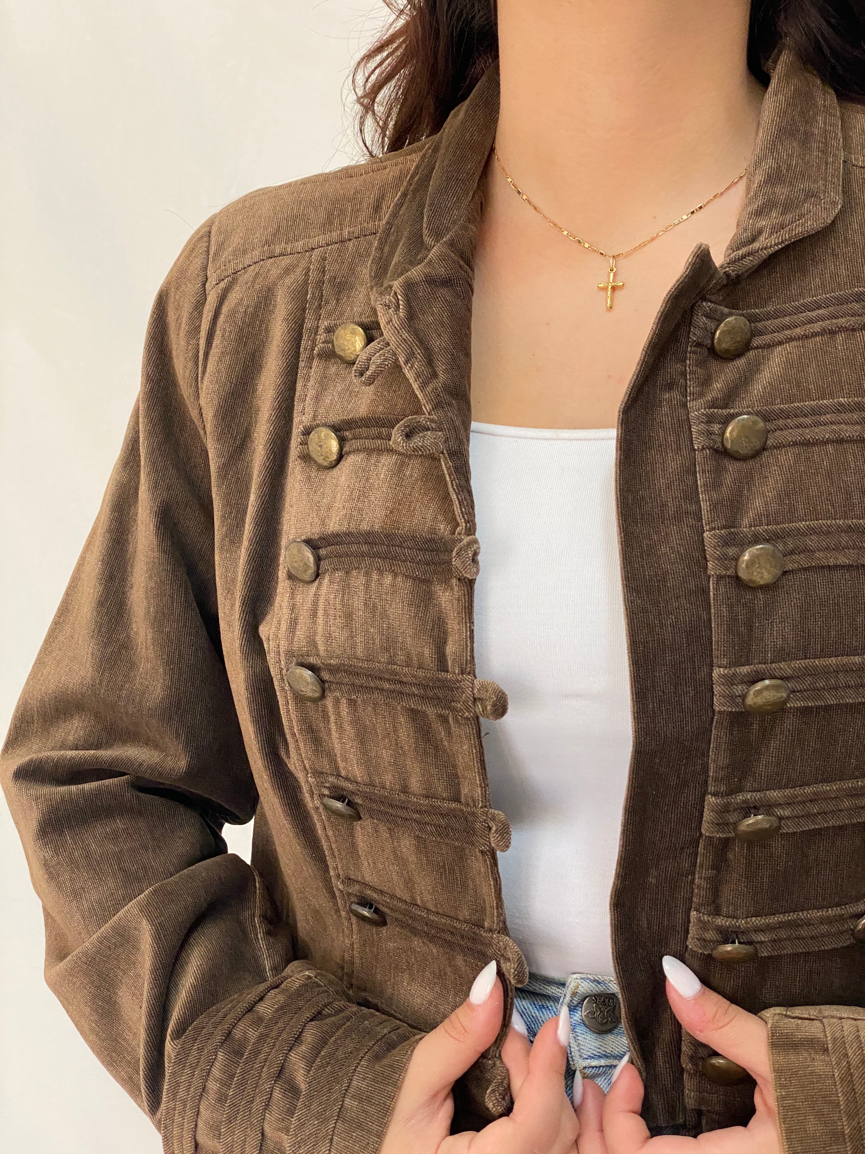 Vintage Véchy Brown Corduroy Military Blazer for Women Structured Button-Up Jacket - XL