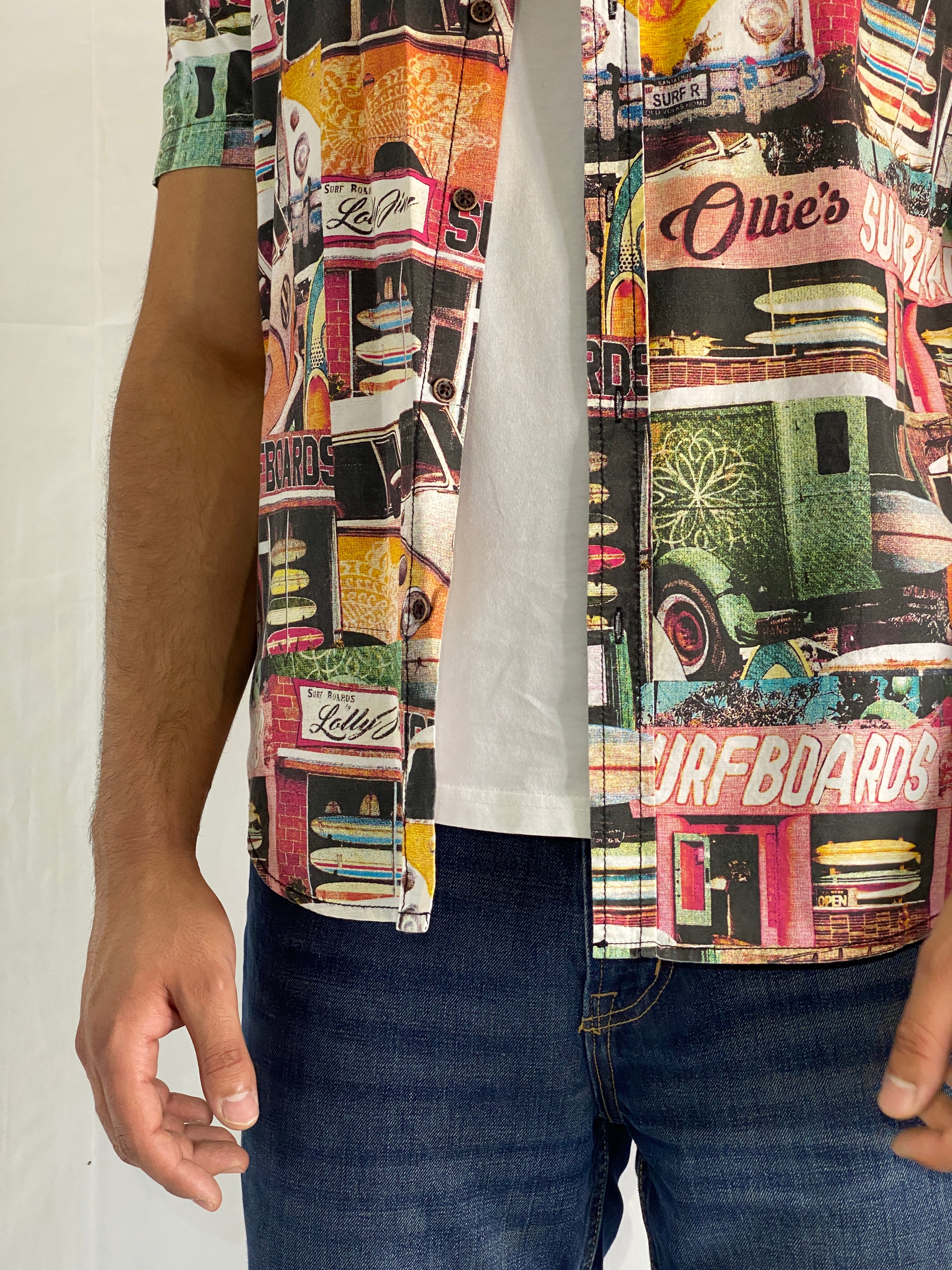 Vintage Red Camel Surfboards Print Short Sleeve Button Up Shirt - L