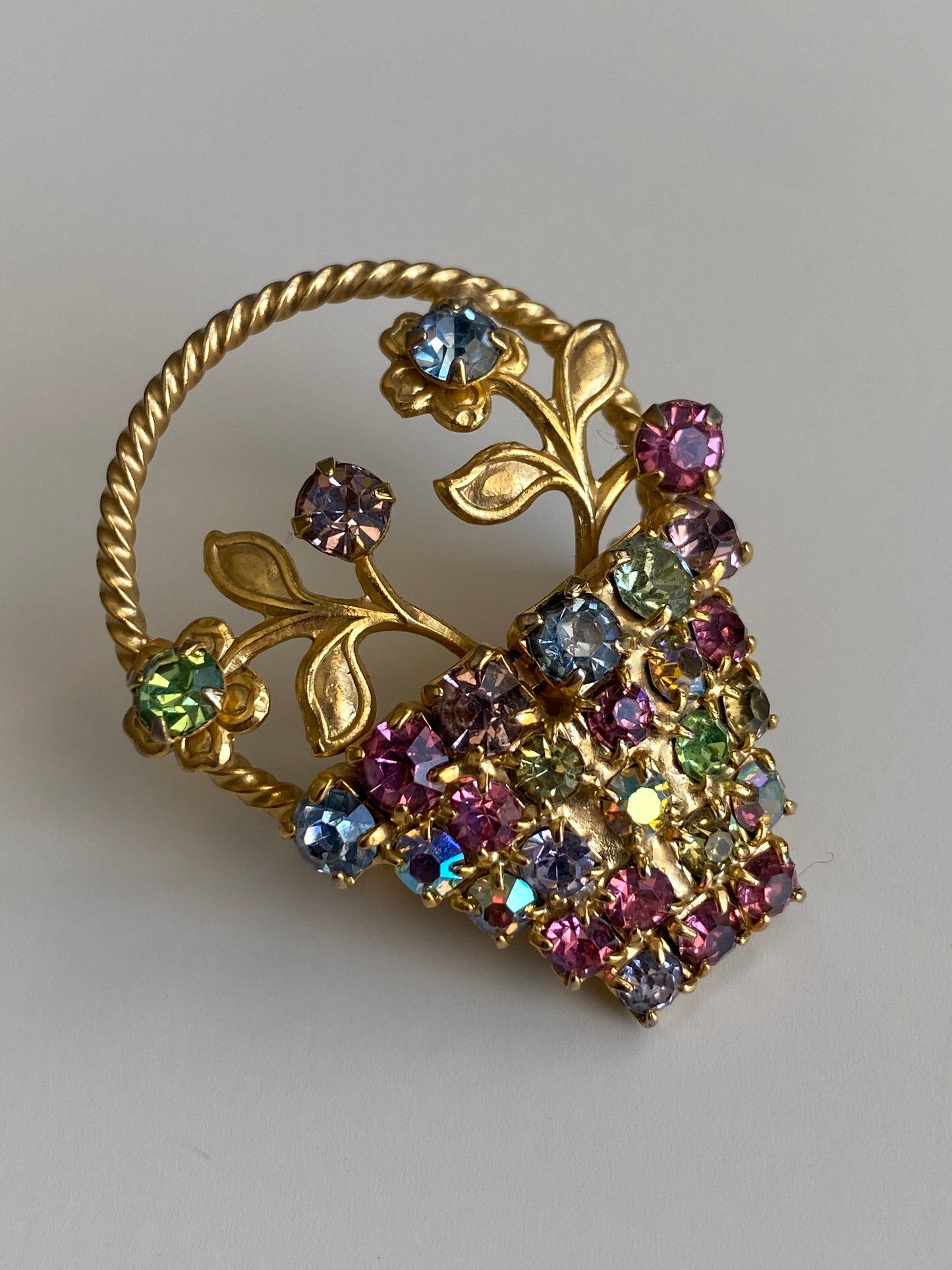 Vintage Gold Tone Multicolor Rhinestone Flower Basket Brooch Floral Statement Pin