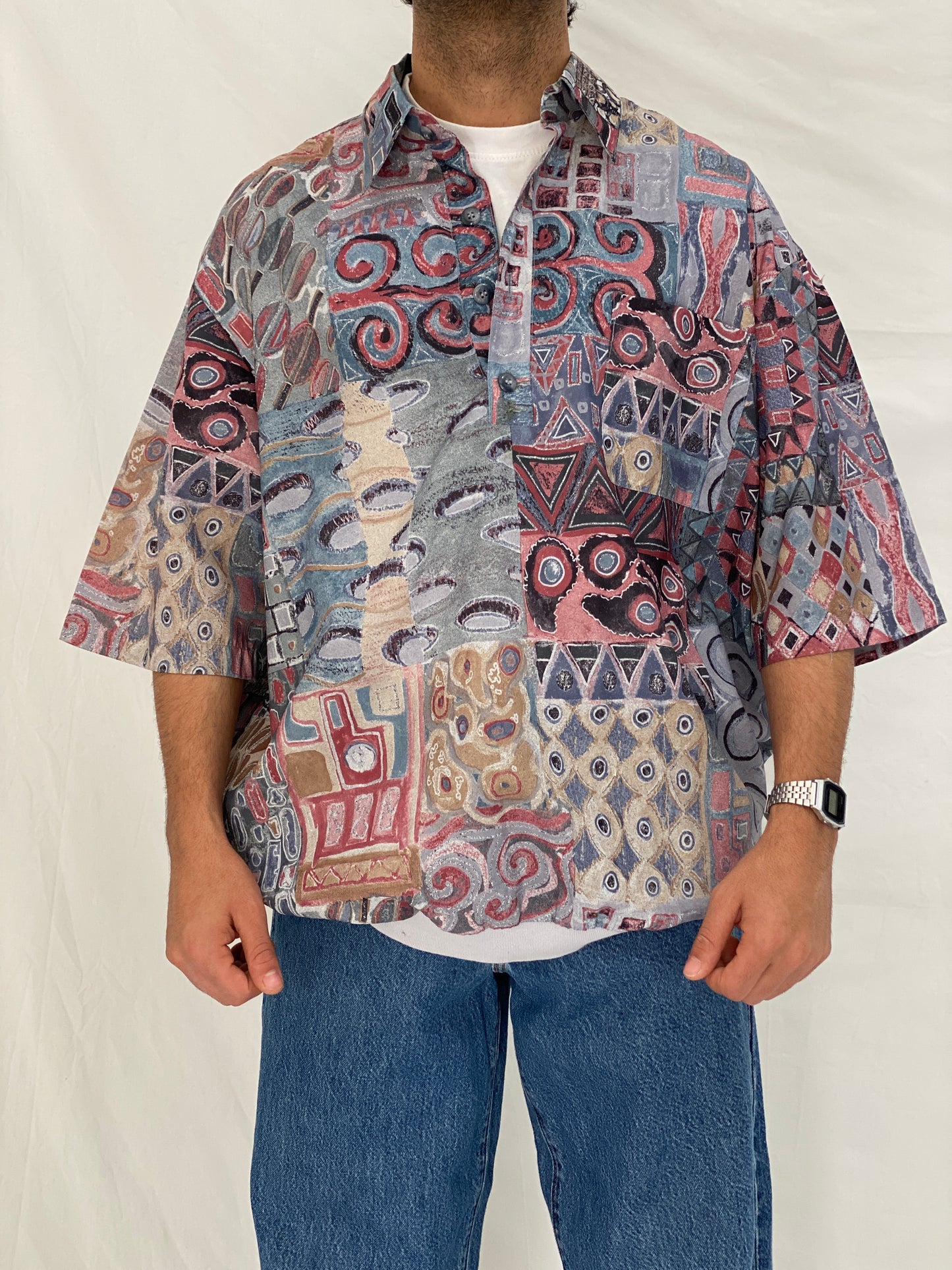 Vintage Fulton Street Shirtworks Abstract Print Elastic Hem Shirt – 2XL
