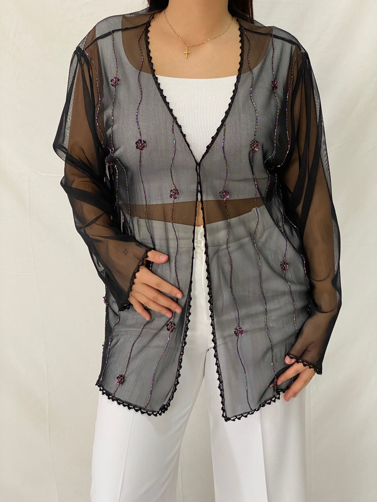 Vintage MISSION Black Sheer Beaded Cardigan Iridescent Sequin Trim Kimono - XL Vintage MISSION Black Sheer Beaded Cardigan Iridescent Sequin Trim Kimono - XL
