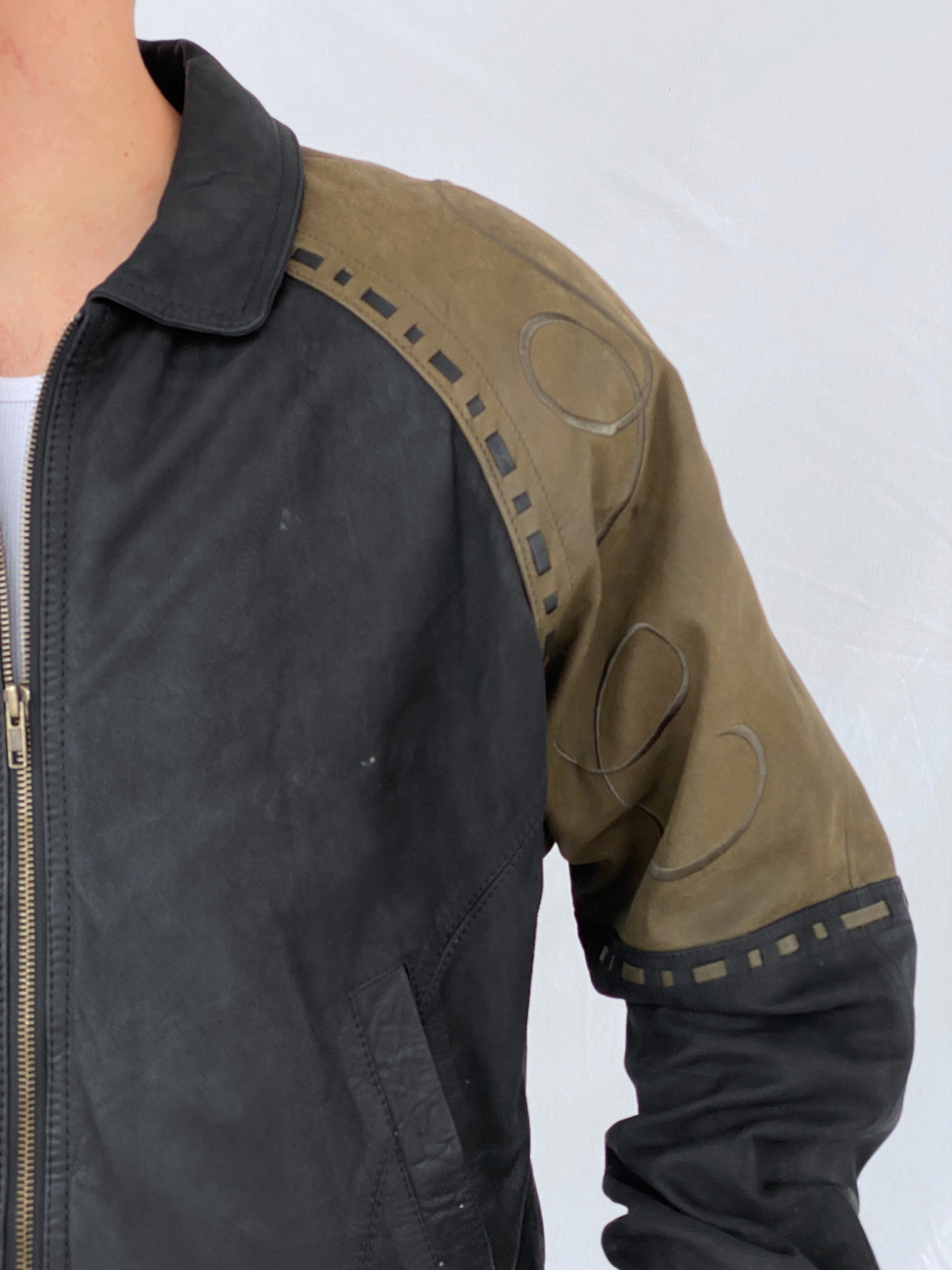 Vintage 90s IOU MCMXC Euro Mode Men’s Black Green Shoulder Patch Leather Bomber Jacket - S