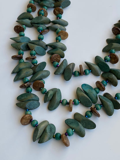 Vintage Boho Green Multi-Strand Wood Beaded Necklace