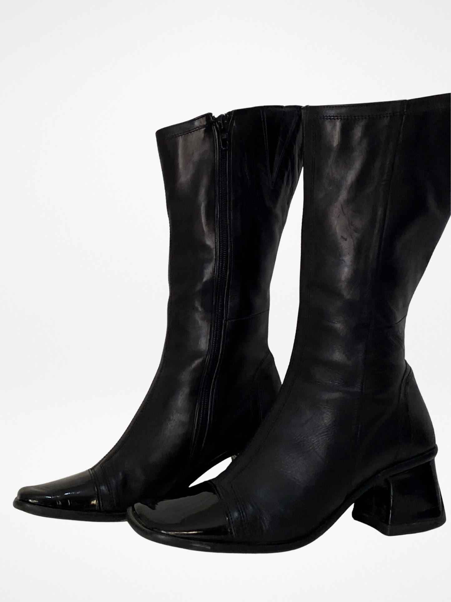 Vintage JOA Italian Black Leather Patent Block Heel & Square Toe Mid-Calf Boots - 36EU