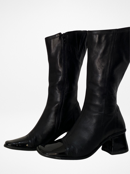 Vintage JOA Italian Black Leather Patent Block Heel & Square Toe Mid-Calf Boots - 36EU