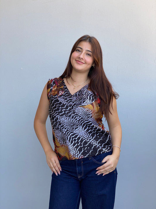 Y2K Worthington Animal Print Cowl Neck Sleeveless Top Brown – S