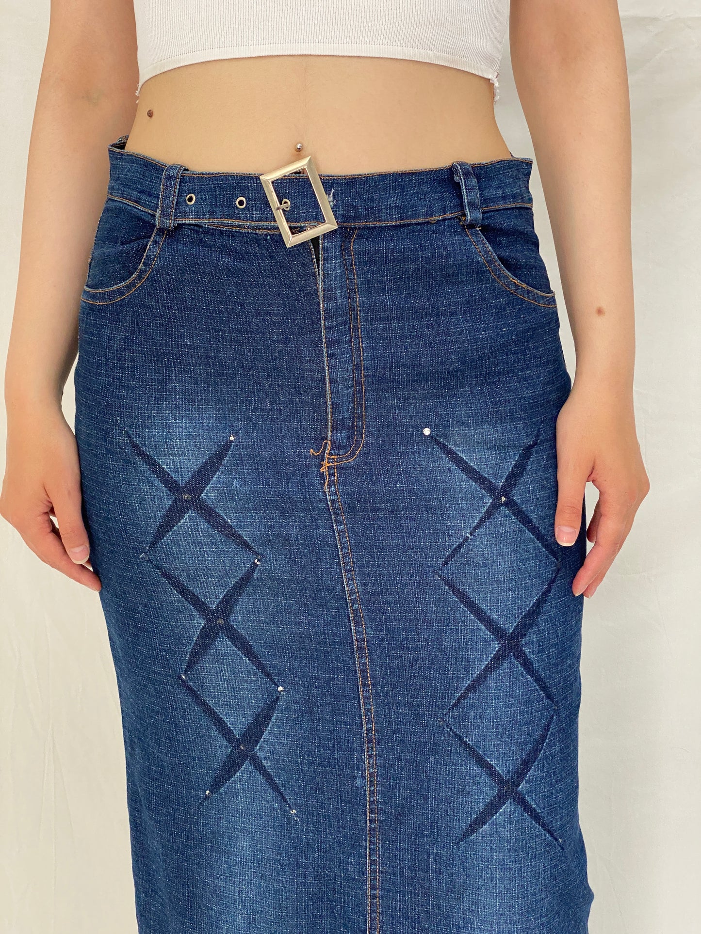 Vintage Y2K Stretch Denim Maxi Skirt Blue Belted Jean Skirt – M