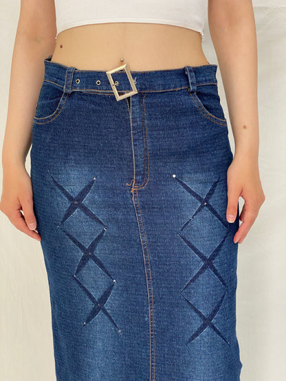 Vintage Y2K Stretch Denim Maxi Skirt Blue Belted Jean Skirt – M
