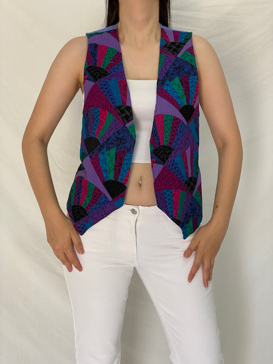 Vintage 90s Purple Multicolor Patchwork Fan Print Open Front Vest - M