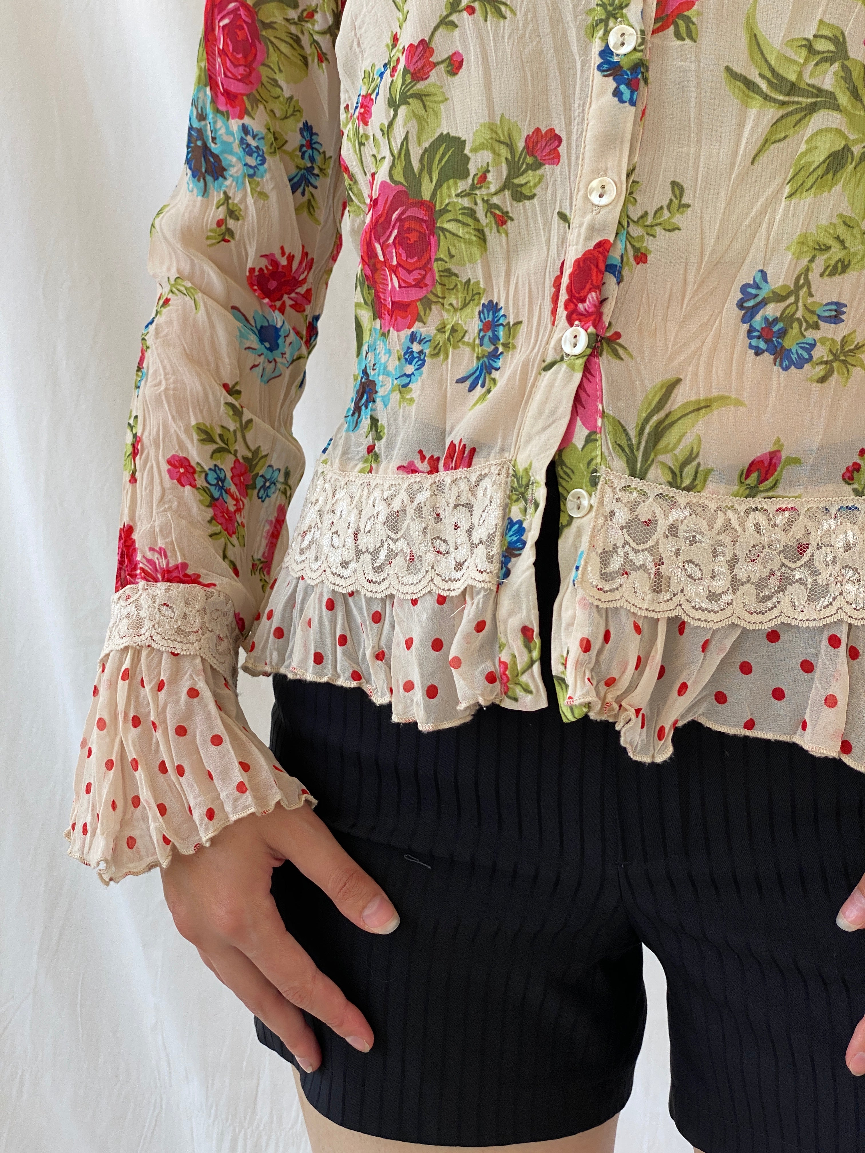 Vintage Jacqueline Riu Floral Ruffle Button-Up Blouse Cottagecore Romantic Lace Cardigan Top- S