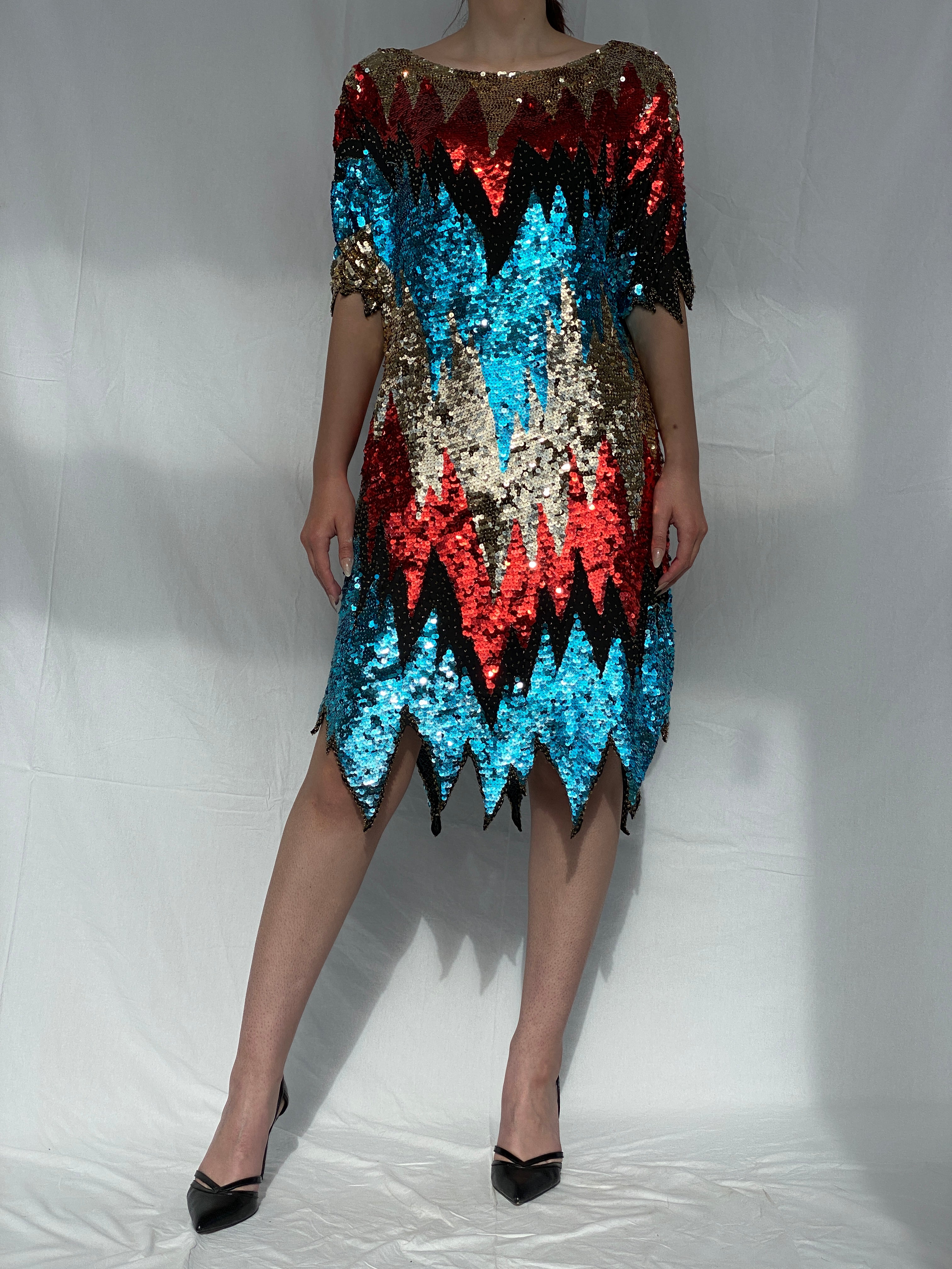 Vintage Iris Zig Zag Sequin and Sheer Midi Party Dress - L