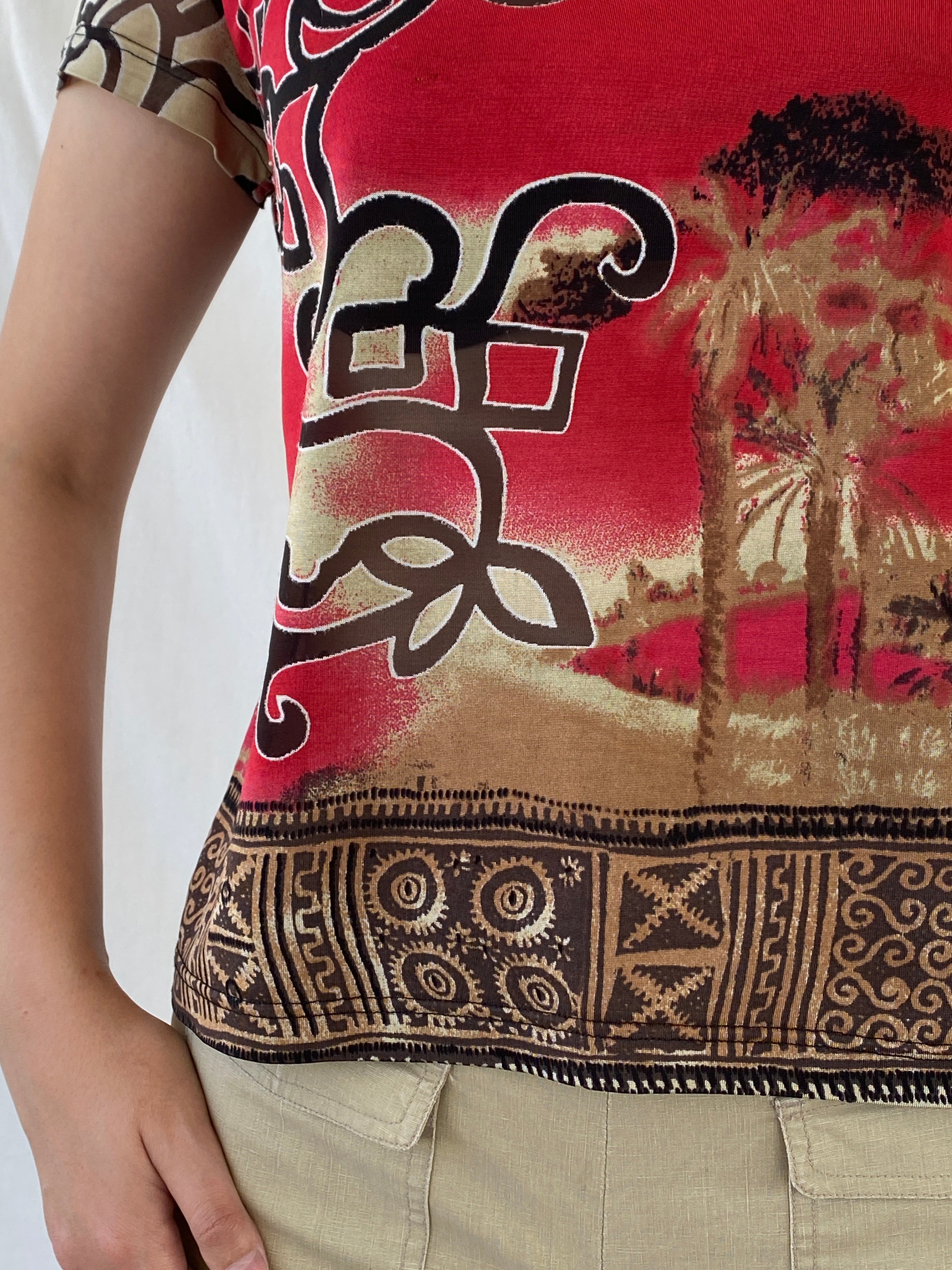 Vintage 90s Alma Ducal Graphic Red Semi Sheer Desert Print Mesh Top - XL