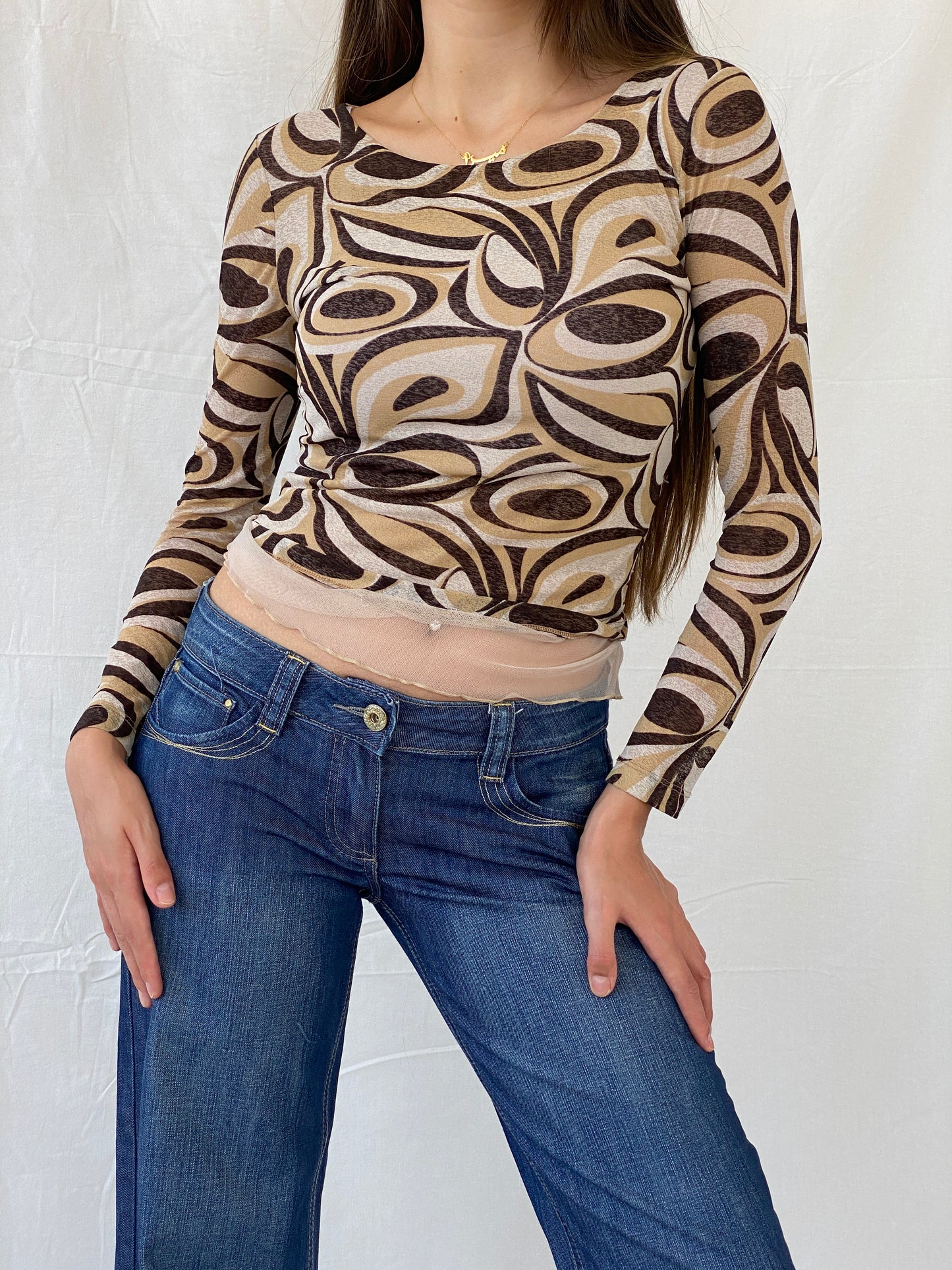 Vintage Y2K Groovy Print Full Sleeve Mesh Top - S