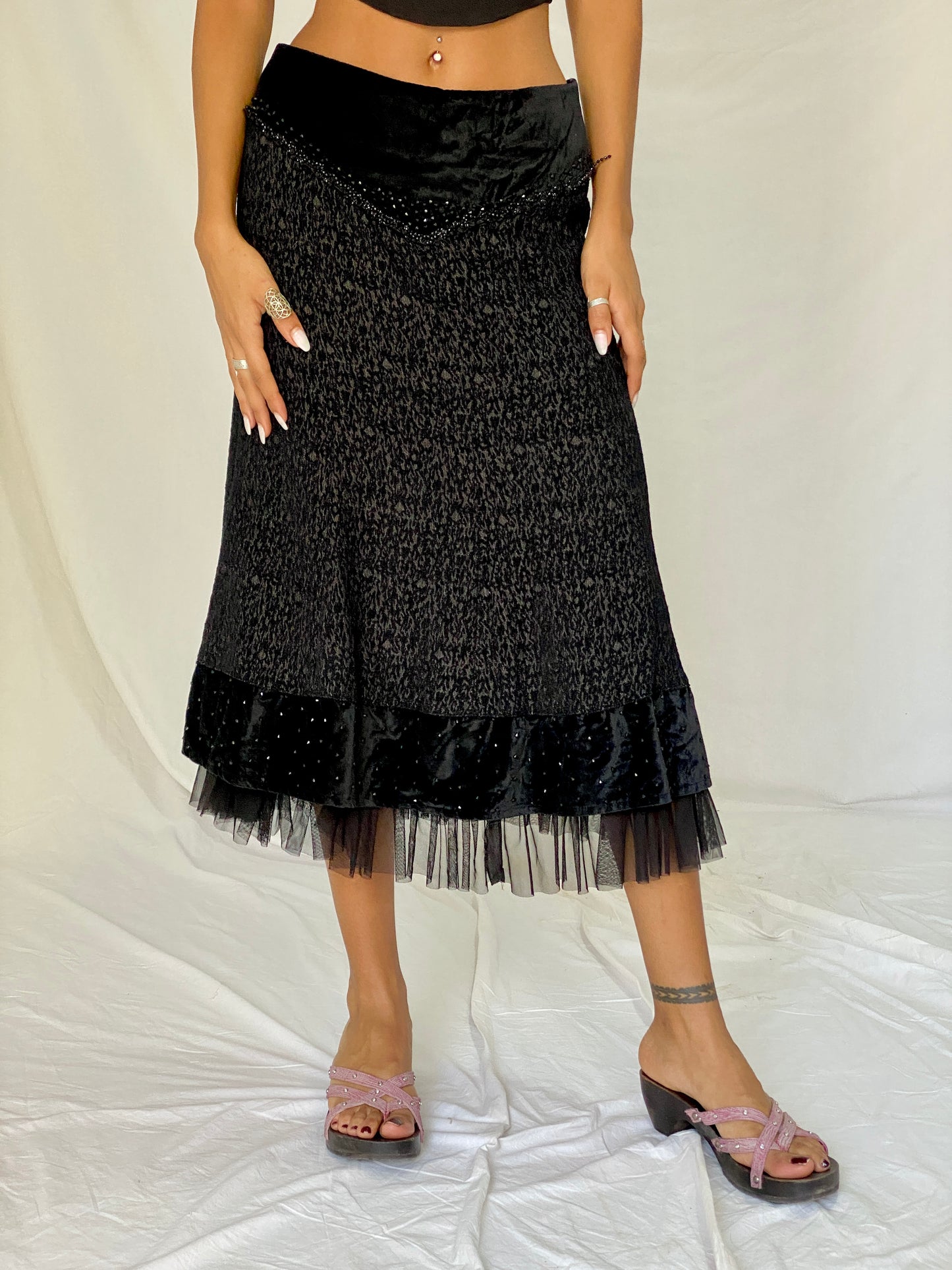 Vintage Whimsigoth Black Velvet Embellished Tulle Grunge Midi Skirt – M