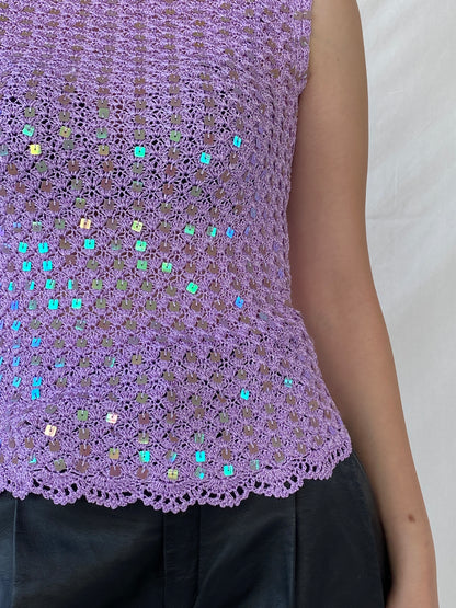 00s Lilac Knitted Crochet Sequined Sleeveless Women’s Top - S