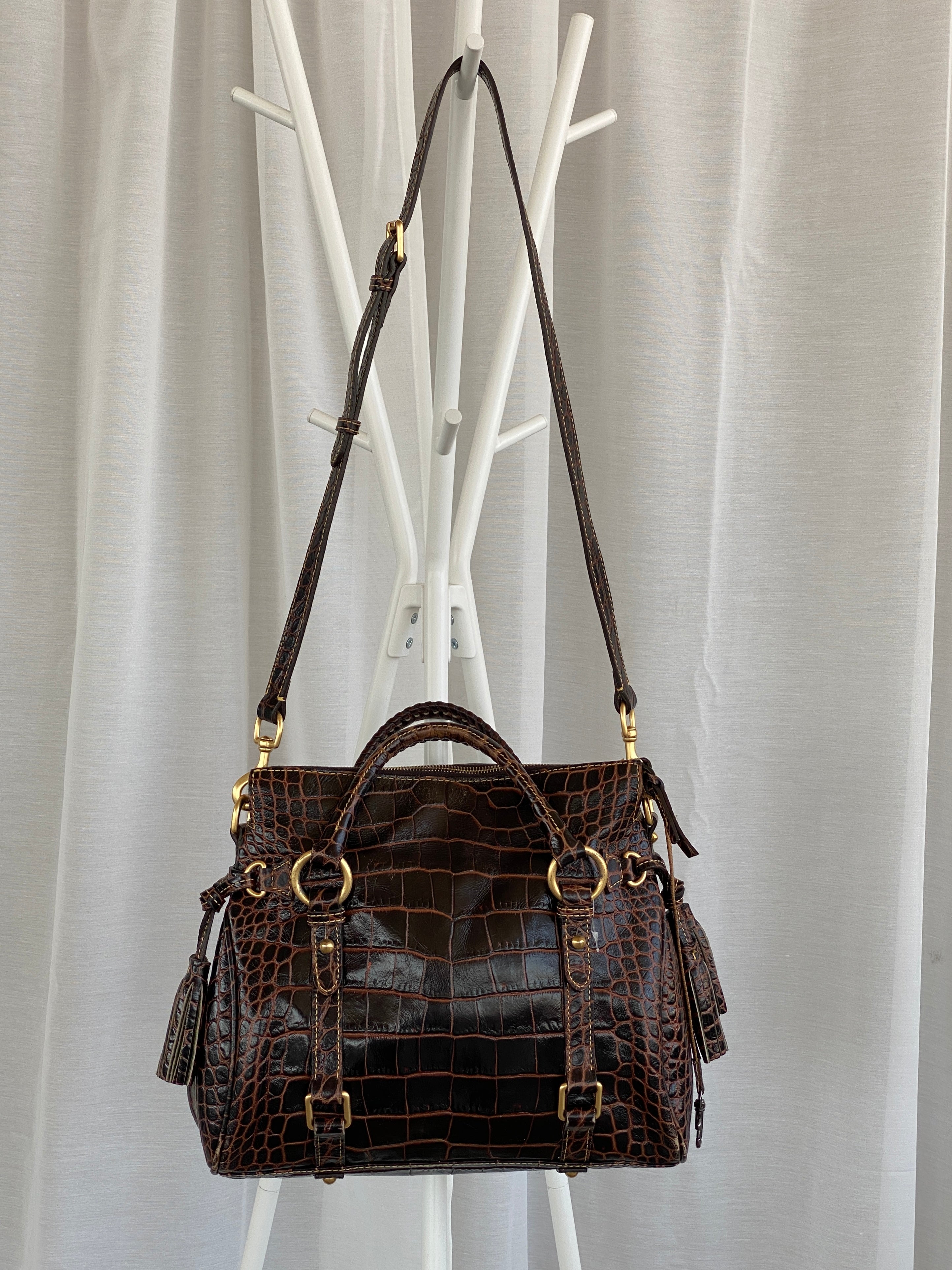 Dooney & Bourke Brown Croc Print Designer Hand Bag with Side Tassels and Gold Details