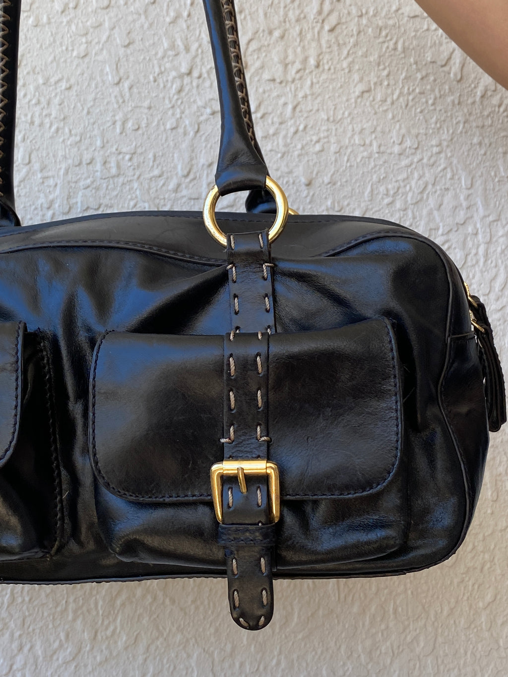 Vintage Hype Genuine Leather Satchel Shoulder Bag Black with Buckle & Stitching Detail Purse