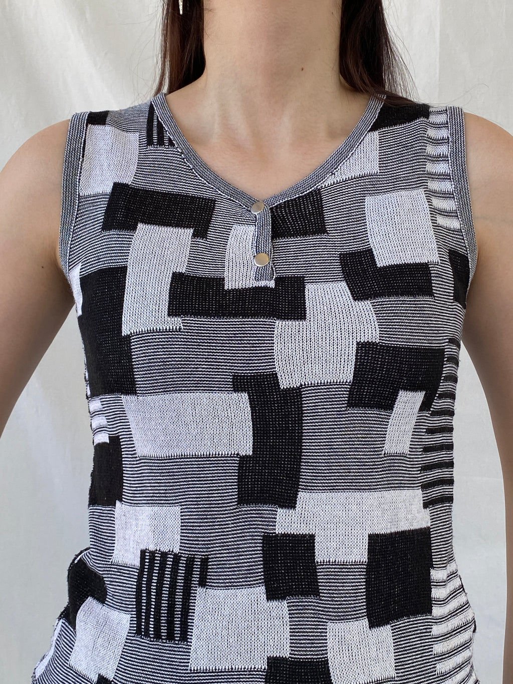 Vintage Nisan Triko Black White Geometric Knitted Cotton Tank Top - S