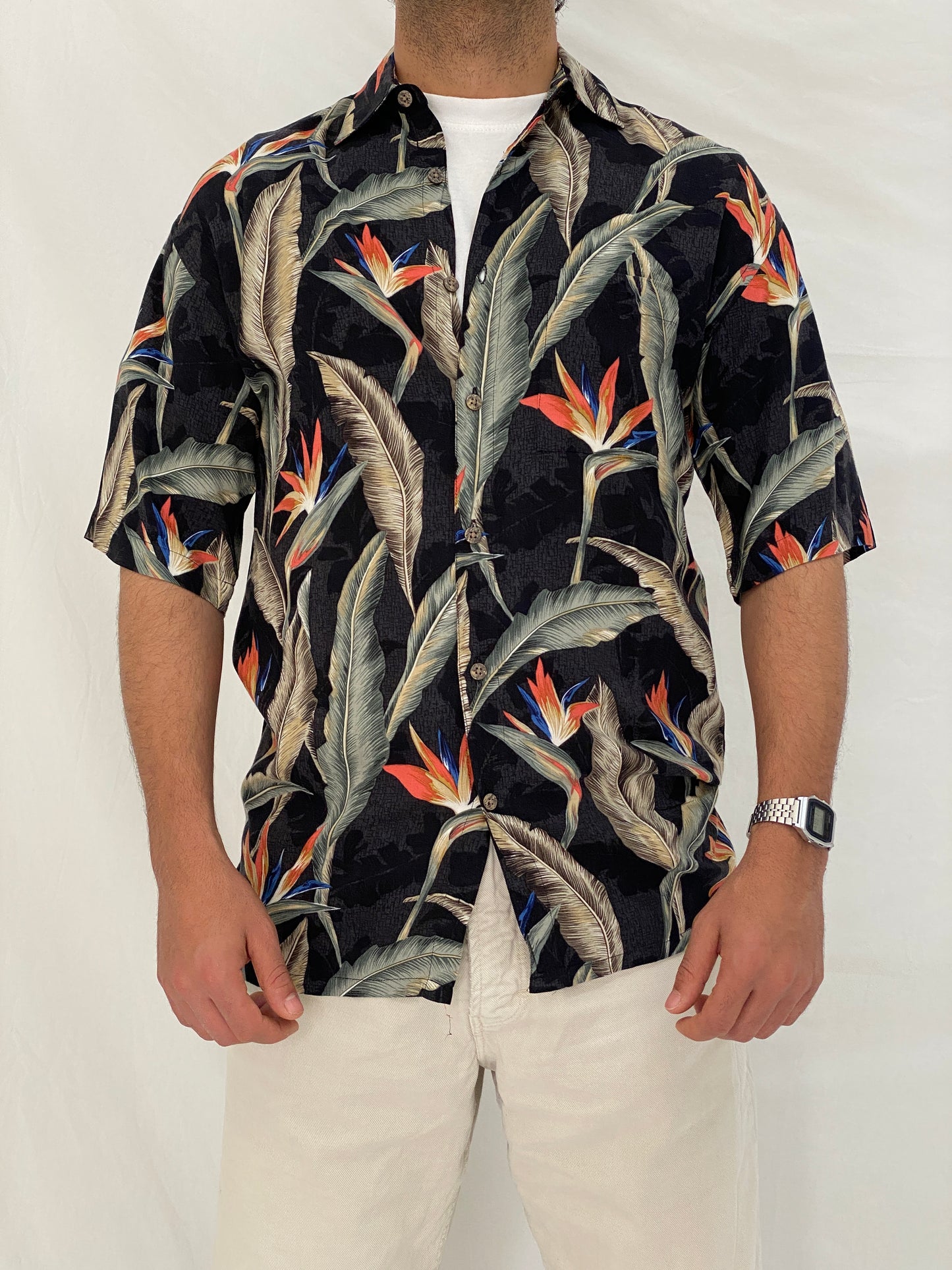 Vintage Campia Moda Hawaiian Black Tropical Bird of Paradise Resort Shirt - S