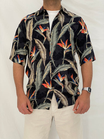 Vintage Campia Moda Hawaiian Black Tropical Bird of Paradise Resort Shirt - S