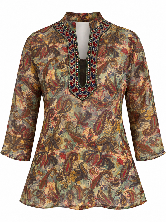 Vintage Y2K Makon Multicolor Paisley Embroidered Sheer Tunic Blouse - L
