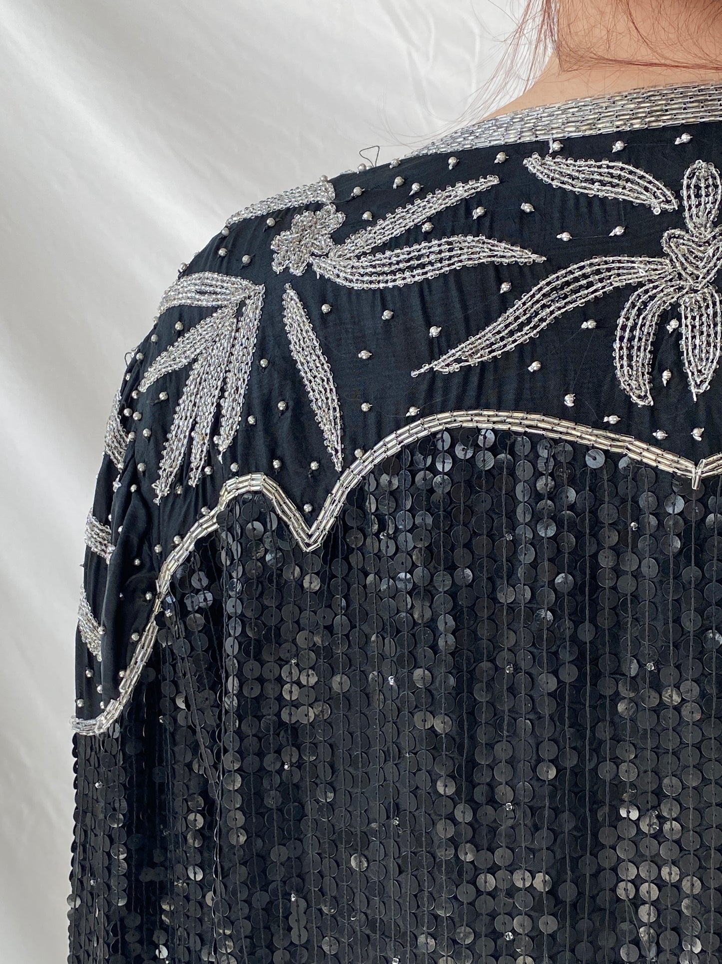 Vintage 80s Midnight Run Black Silver Sequin Beaded Silk Blazer Sparkle Party Jacket - XL