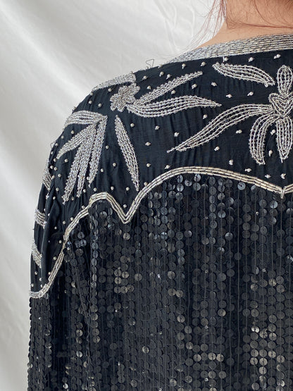 Vintage 80s Midnight Run Black Silver Sequin Beaded Silk Blazer Sparkle Party Jacket - XL