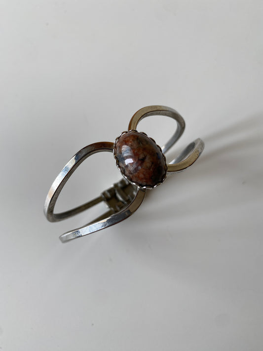 Vintage Silver-Tone Hinged Cuff Bracelet with Natural Stone Cabochon