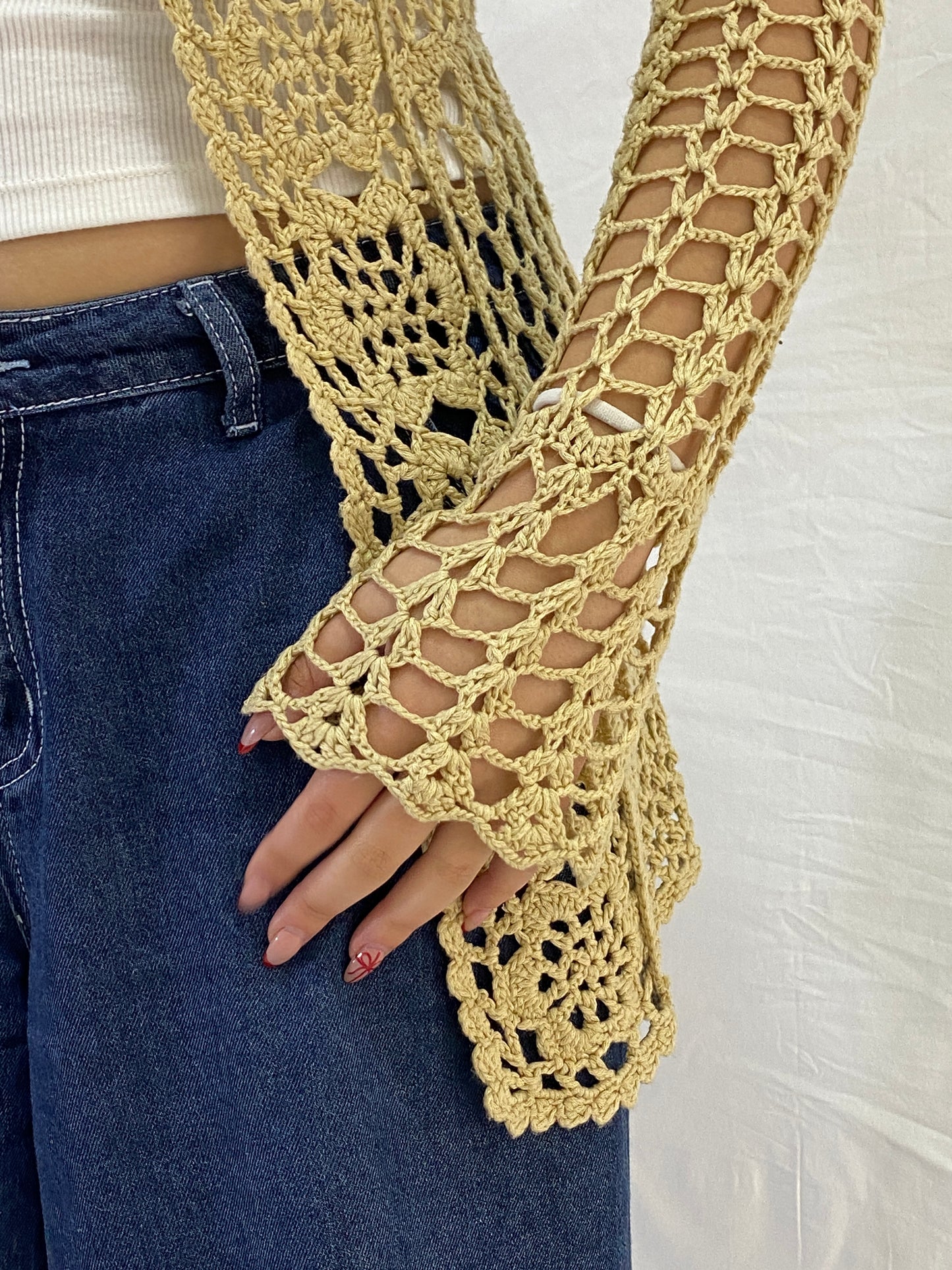 Vintage Beige Crochet Tie-Front Long Sleeve Open-Knit Cardigan – M