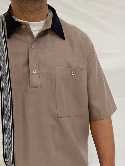 Vintage 90s Alan Stuart Color Block Bowling Shirt Beige Cream Retro Cuban Top - L