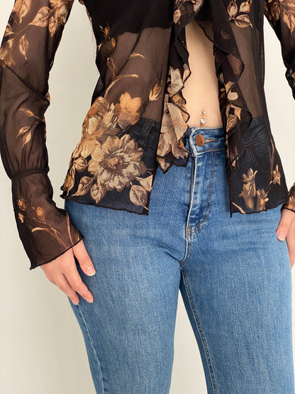 Vintage Y2K Surrender Women Black & Brown Floral Sheer Mesh Ruffle Blouse - M