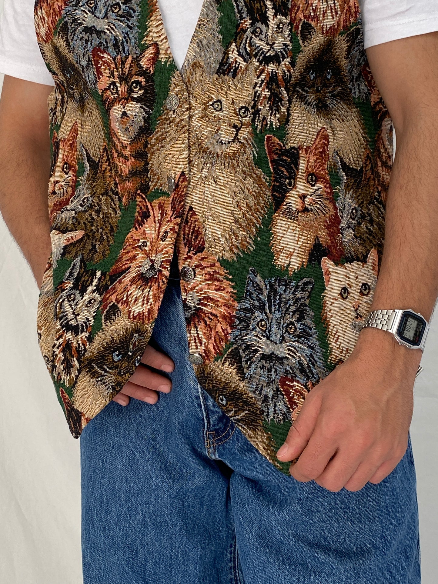 Vintage Partners II Cat Tapestry Cotton Blend Vest Novelty Animal Boho Waistcoat – L