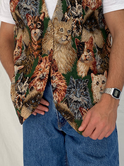 Vintage Partners II Cat Tapestry Cotton Blend Vest Novelty Animal Boho Waistcoat – L