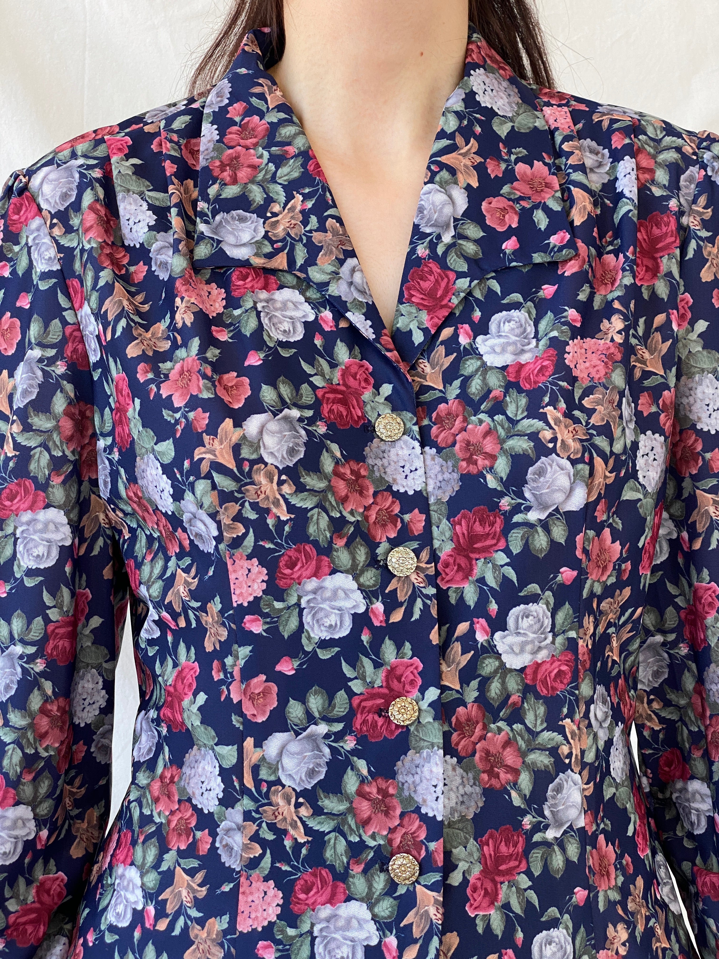 Vintage DEBENHAMS Navy Red Floral Silver Buttoned Women’s Long Sleeve Shirt - L