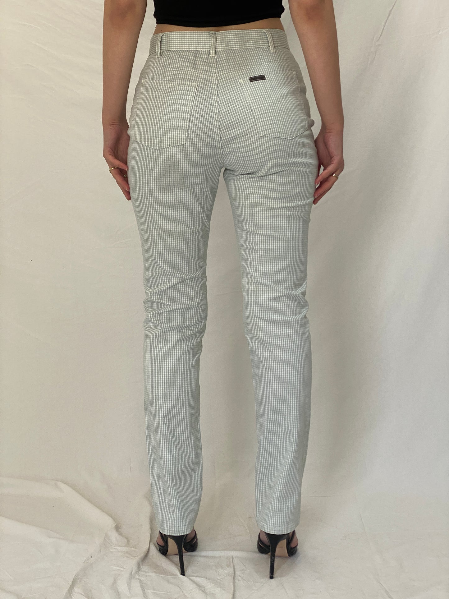 Calvin Klein Checkered Denim Pants Green White Slim Fit Trousers - M