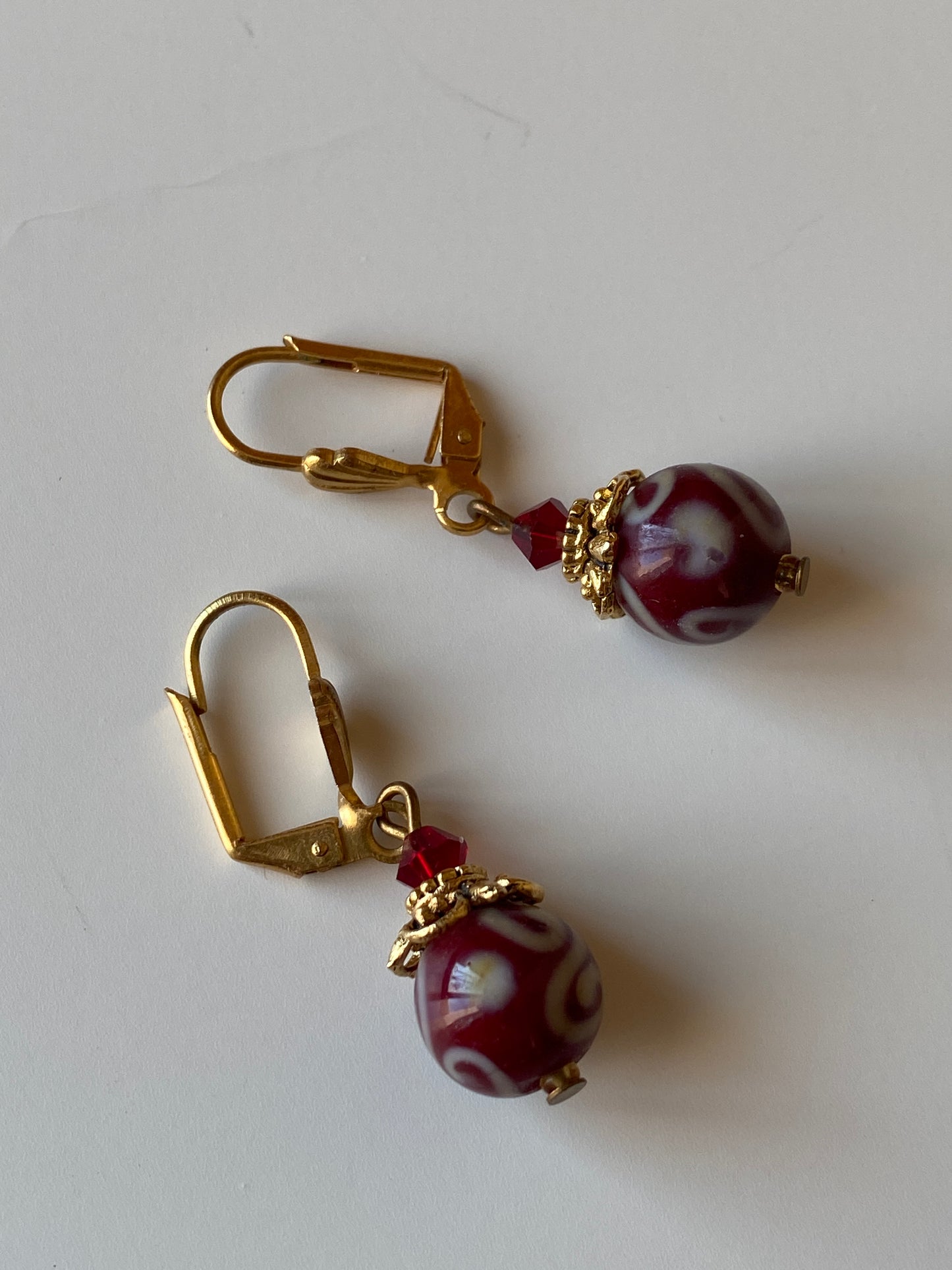 Vintage Burgundy Glass Bead Drop Earrings with Gold Tone Accents