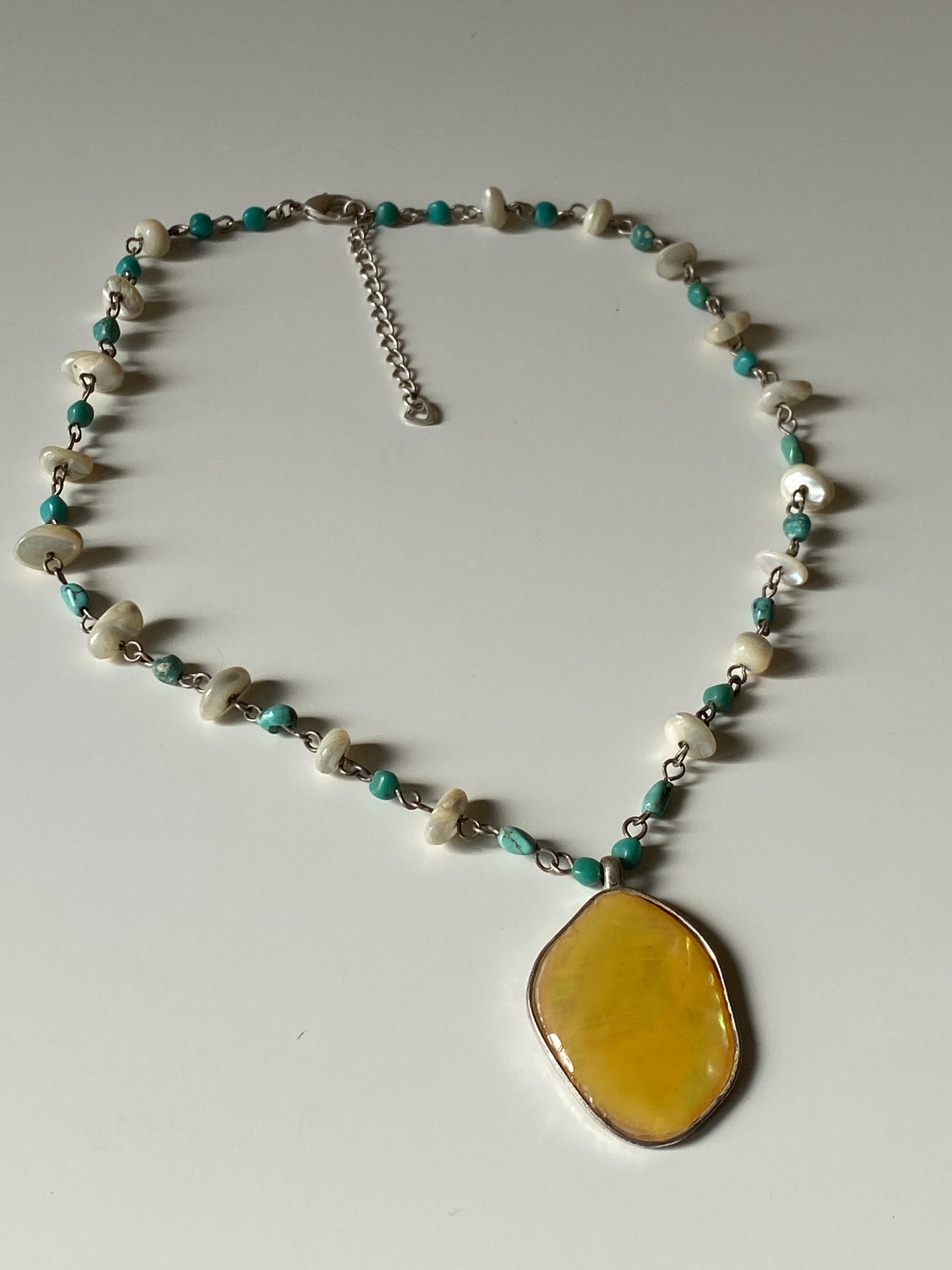 Vintage Yellow Stone Pendant Turquoise Beaded Chain Necklace Boho 90s Artisan Style Jewelry