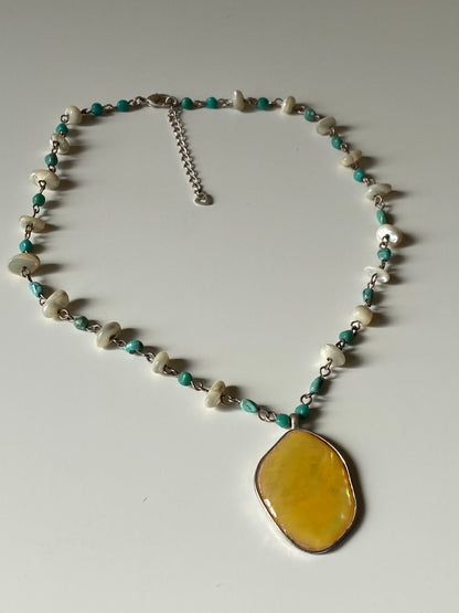 Vintage Yellow Stone Pendant Turquoise Beaded Chain Necklace Boho 90s Artisan Style Jewelry
