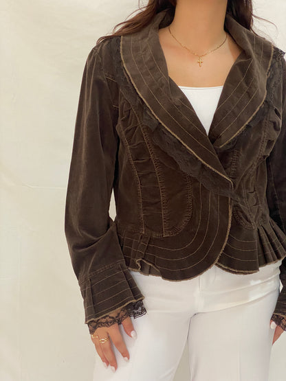 Vintage Tence Brown Blazer Ruffle Trim & Lace Cuff Victorian Style Jacket - L
