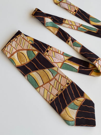 Vintage 90s T Fashion Brown Green Abstract Geometric Wide Necktie