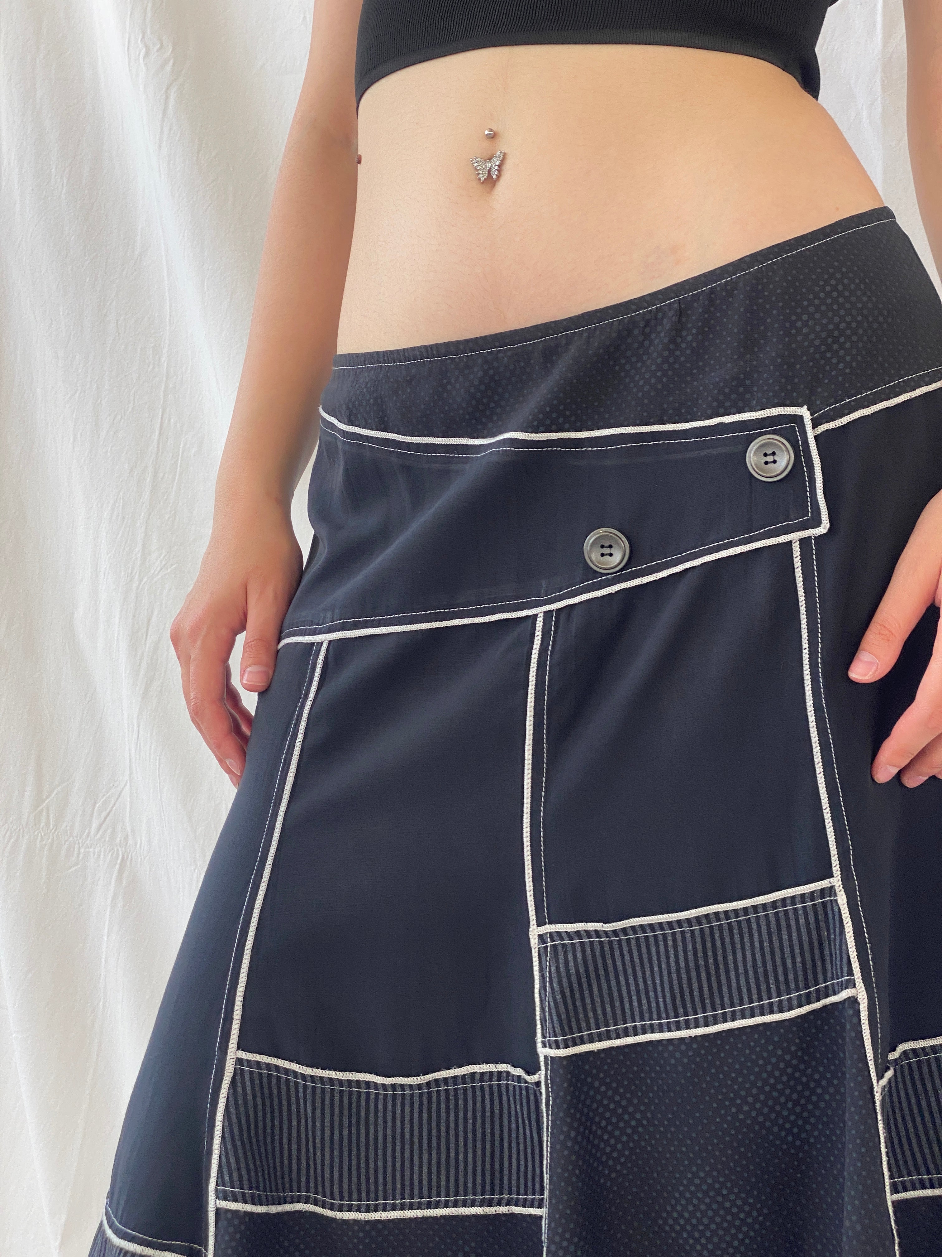 Vintage Fiorella Di Verdi Black Midi Whimsy Goth Patchwork Skirt - L