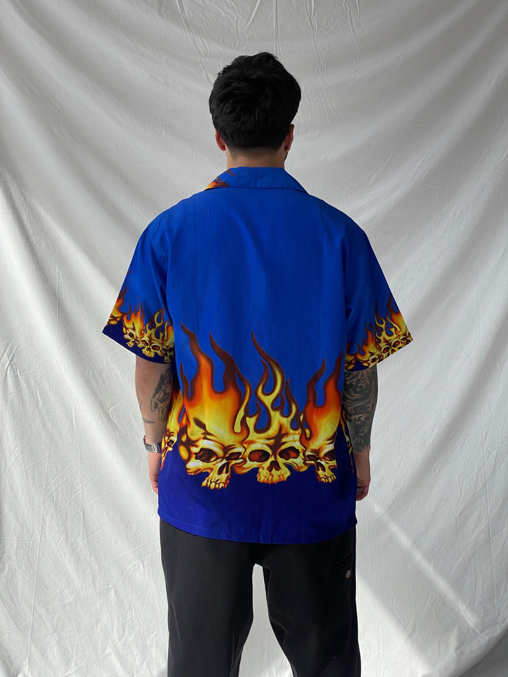 Men’s Flamed Skull Blue Short Sleeve Button Up Shirt - L